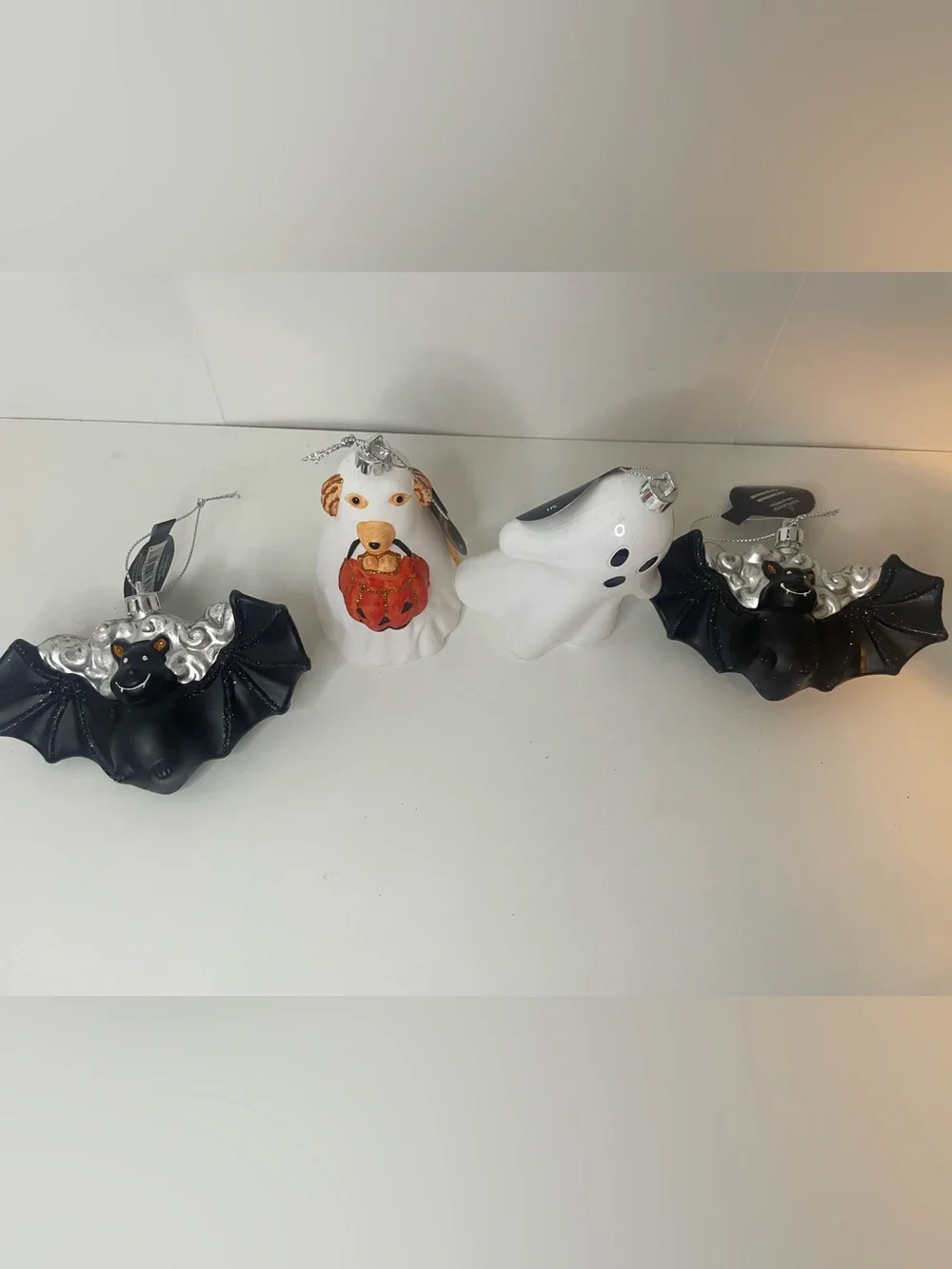Halloween Bat, Dog and Ghost Ornaments - Black, White, Orange, Silver, Set of 4